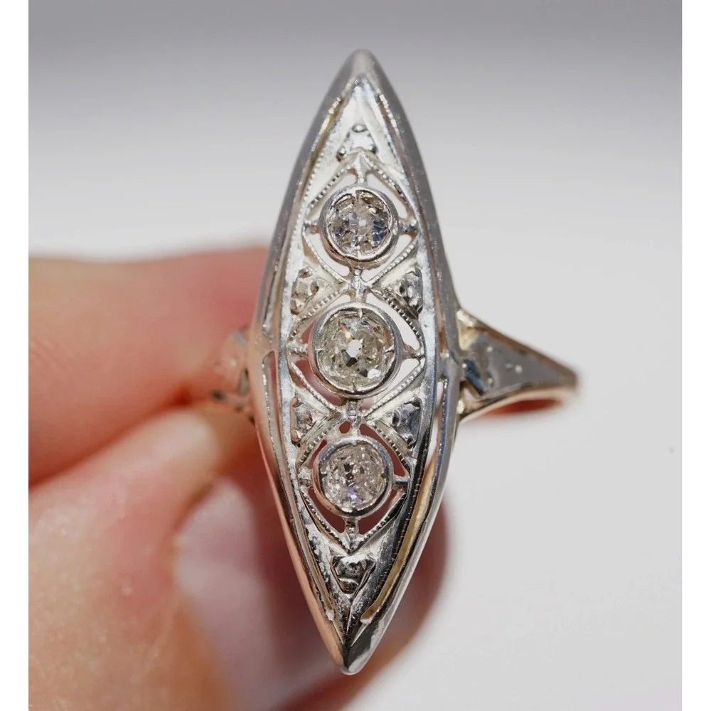Antique Edwardian 12k Solid Gold Natural Old European Cut Ring Filigree Navette - Picture 7 of 10